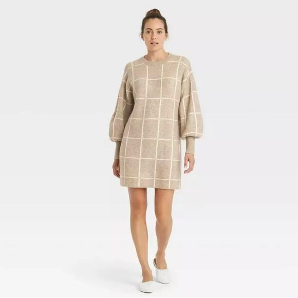 A New Day Women’s Camel windowpane Long Sleeve Sweater Dress NWT SZ M - Picture 1 of 4